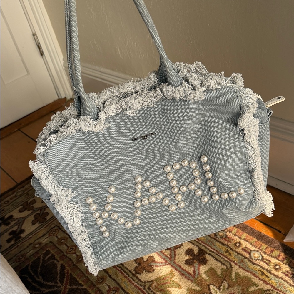 Karl Lagerfeld Powder Blue Pearl-Embellished Fringed Canvas Tote
